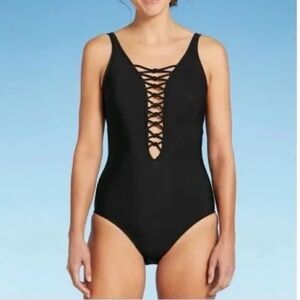 Aqua Green Lace up V neck One Piece Swimsuit Black Sz Small